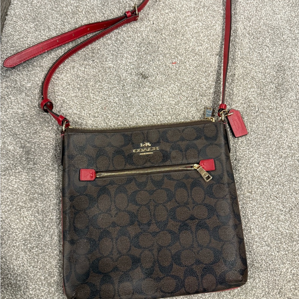 Coach Signature Brown and Red Crossbody Bag